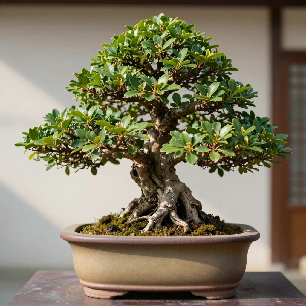 A bonsai tree carefully shaped in a ceramic pot