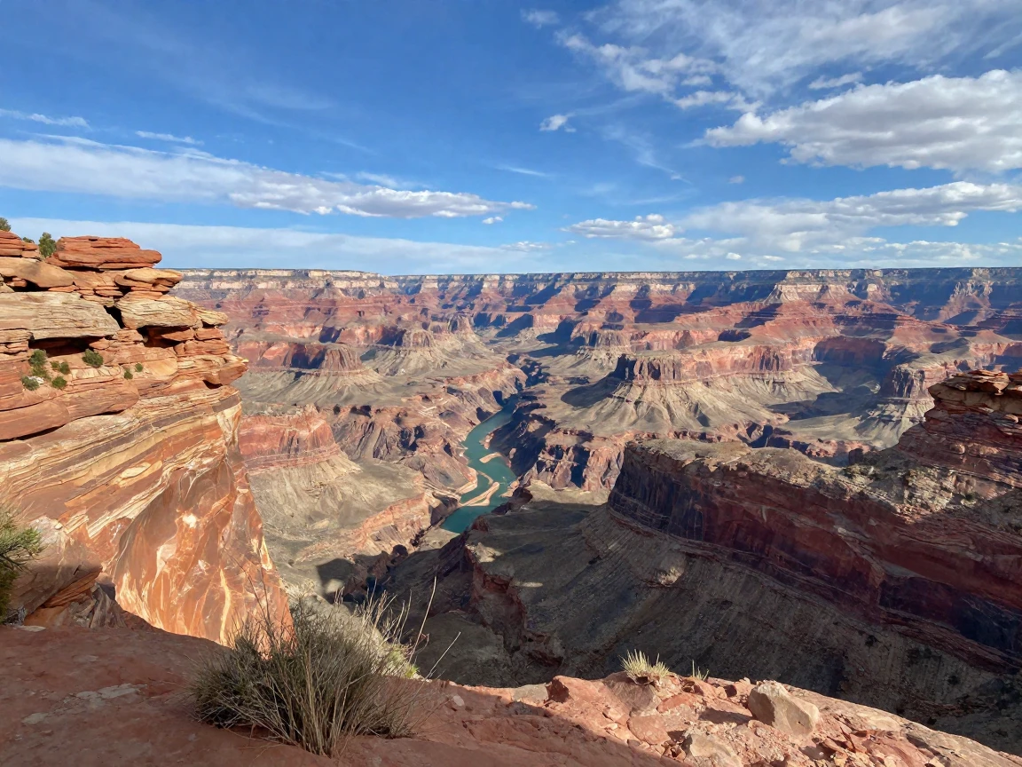A canyon carved by centuries of water reveals layered red and orange rock walls.