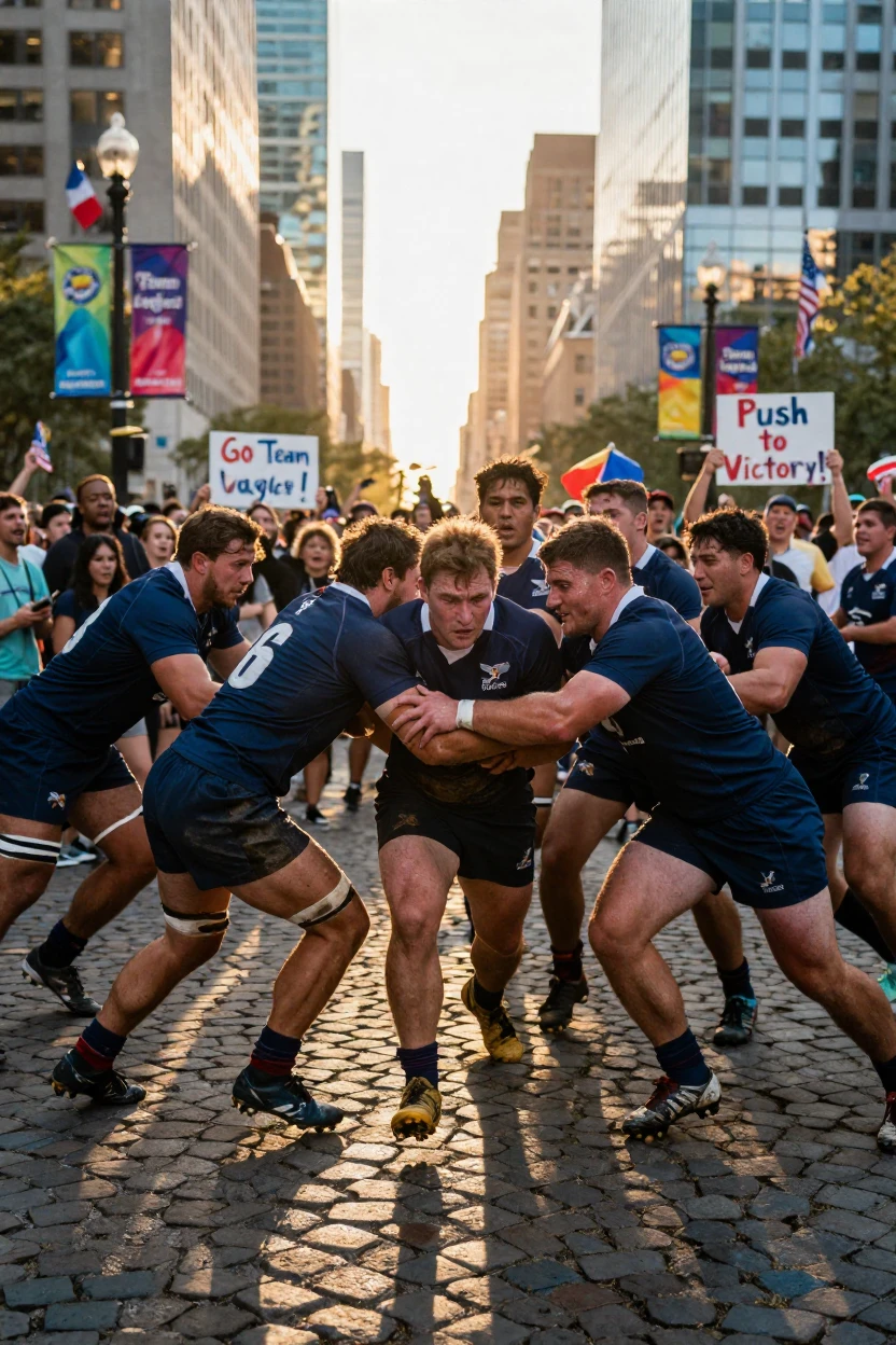 A team of rugby players pushing through the final stretch of a race in a crowded city plaza