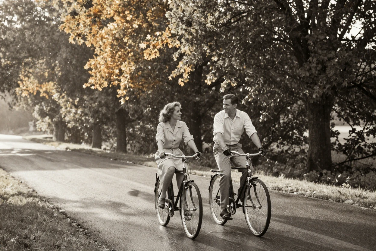 A couple cycling side by side along a tree-lined countryside road, in warm morning light, as heat shimmers over the ground, as summer fades into fall, with stark black-and-white contrast softened by a single warm hue, through a rain-streaked window.