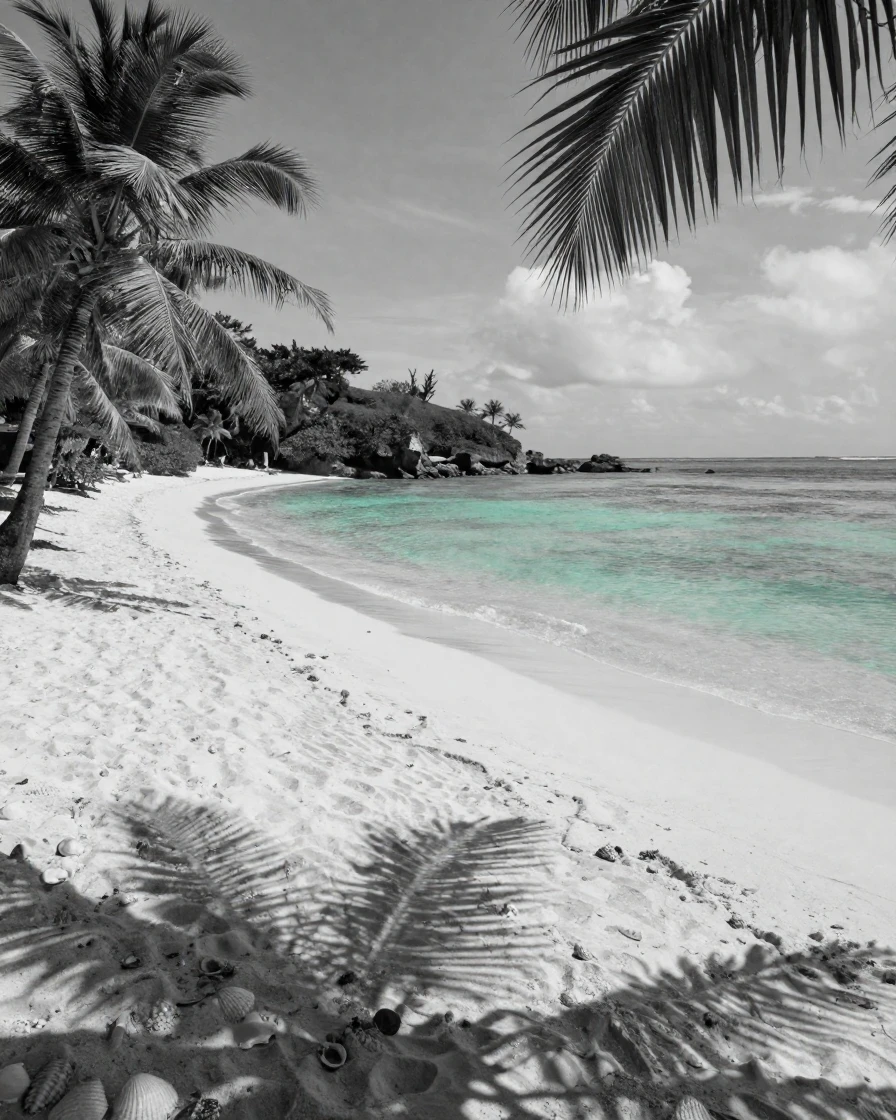 A tropical beach stretches along a turquoise shoreline beside a quiet cove.