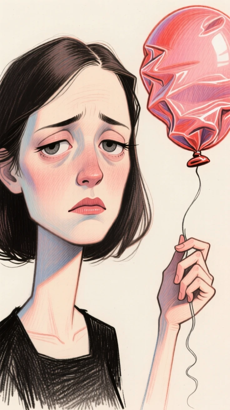 A woman giving a deadpan look while holding a completely deflated balloon.