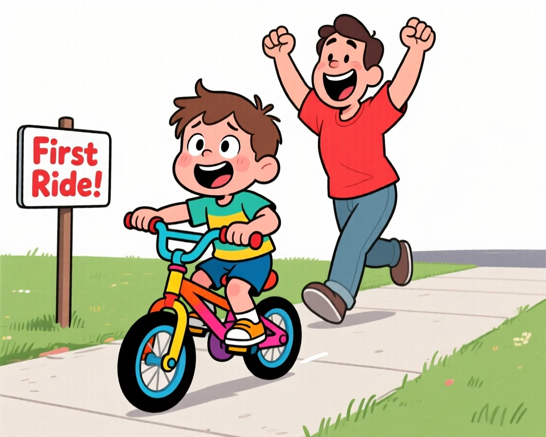 A playful childhood moment of a child riding a bicycle for the first time without training wheels, parent cheering behind.