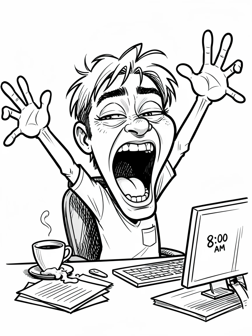 [Funny & Exaggerated Situations] Comical scene of a person doing an exaggerated stretch and yawn at their desk, exaggerated for maximum laughs