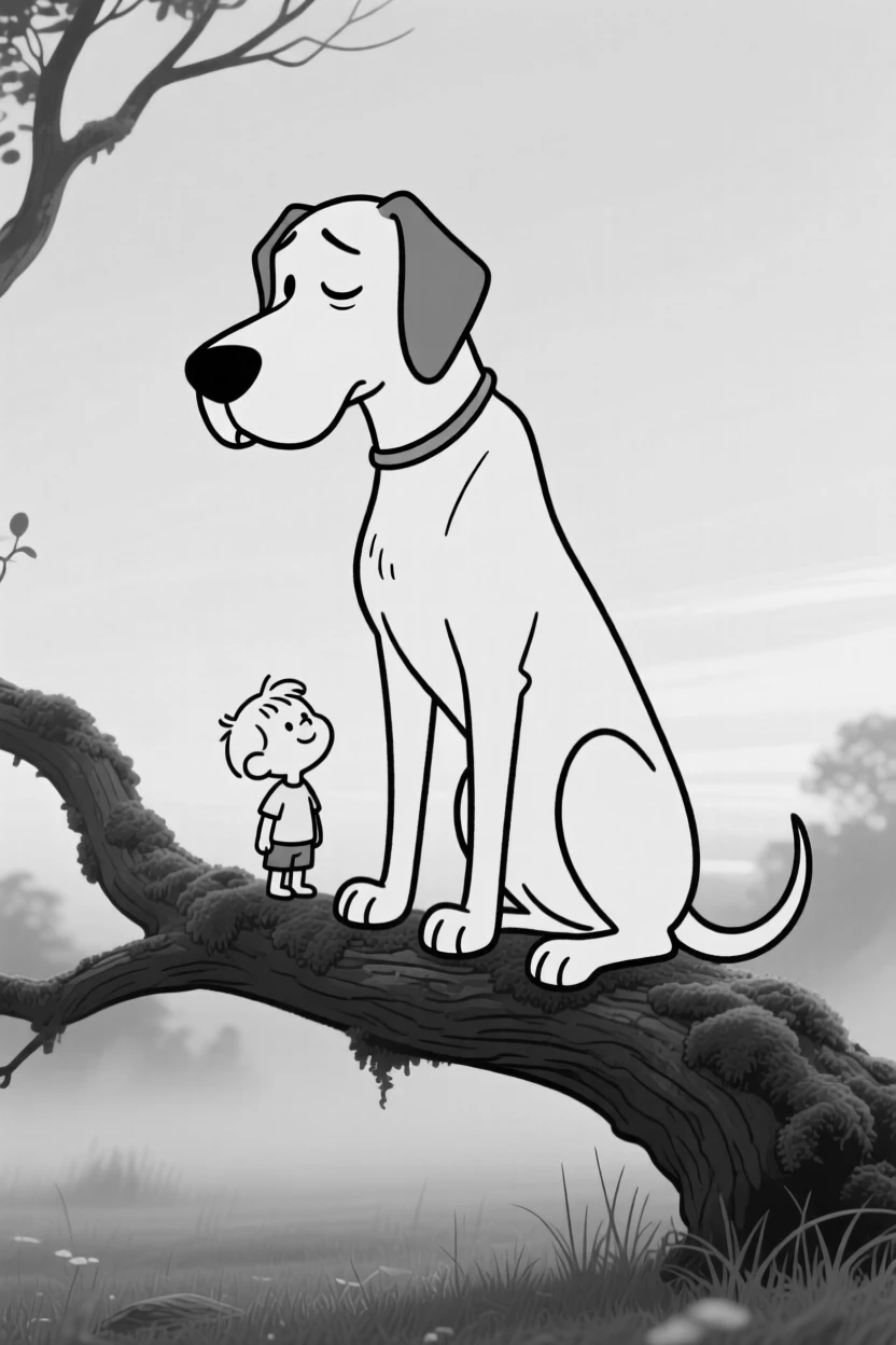 A goofy Great Dane towering over its tiny owner, blinking slowly in mock wisdom, set on a mossy tree branch at dusk. Morning mist clings to the grass. The image radiates pure comic affection.