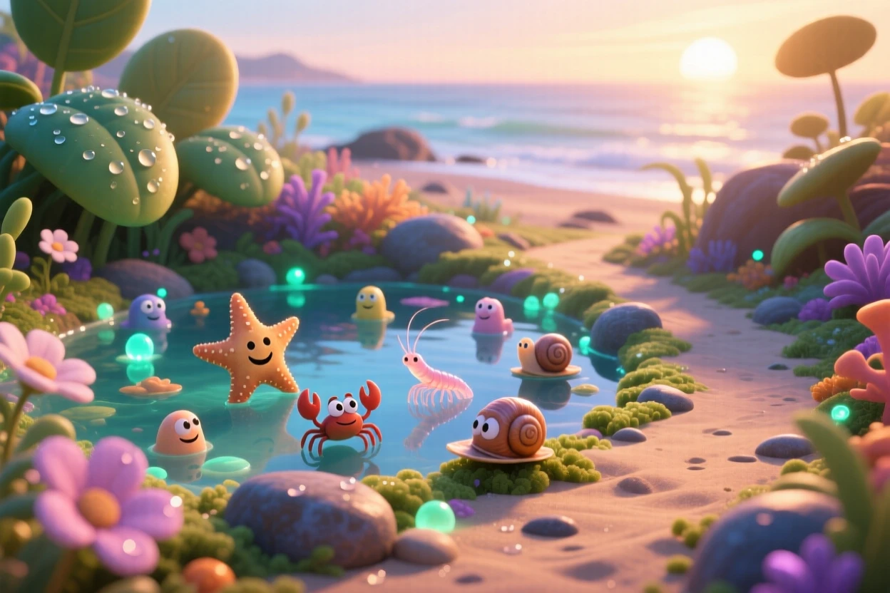 A tide pool full of tiny creatures glows as morning dew clings to every leaf and petal, with a narrow path winding through the scene. A calming stillness settles over the landscape.