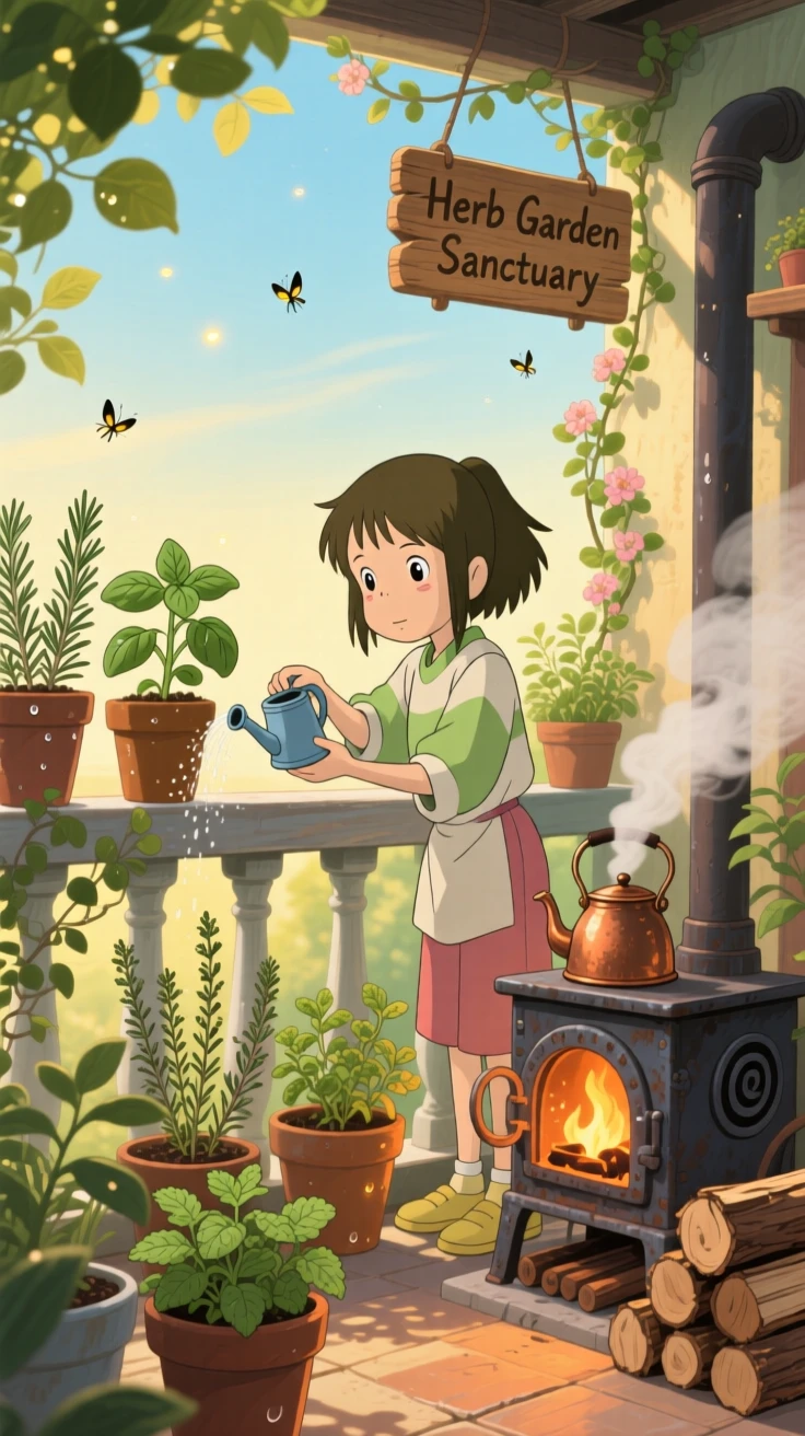 Someone watering potted herbs on a sunny balcony, a woodstove crackling quietly in the corner, the whole scene feeling peaceful and unhurried.