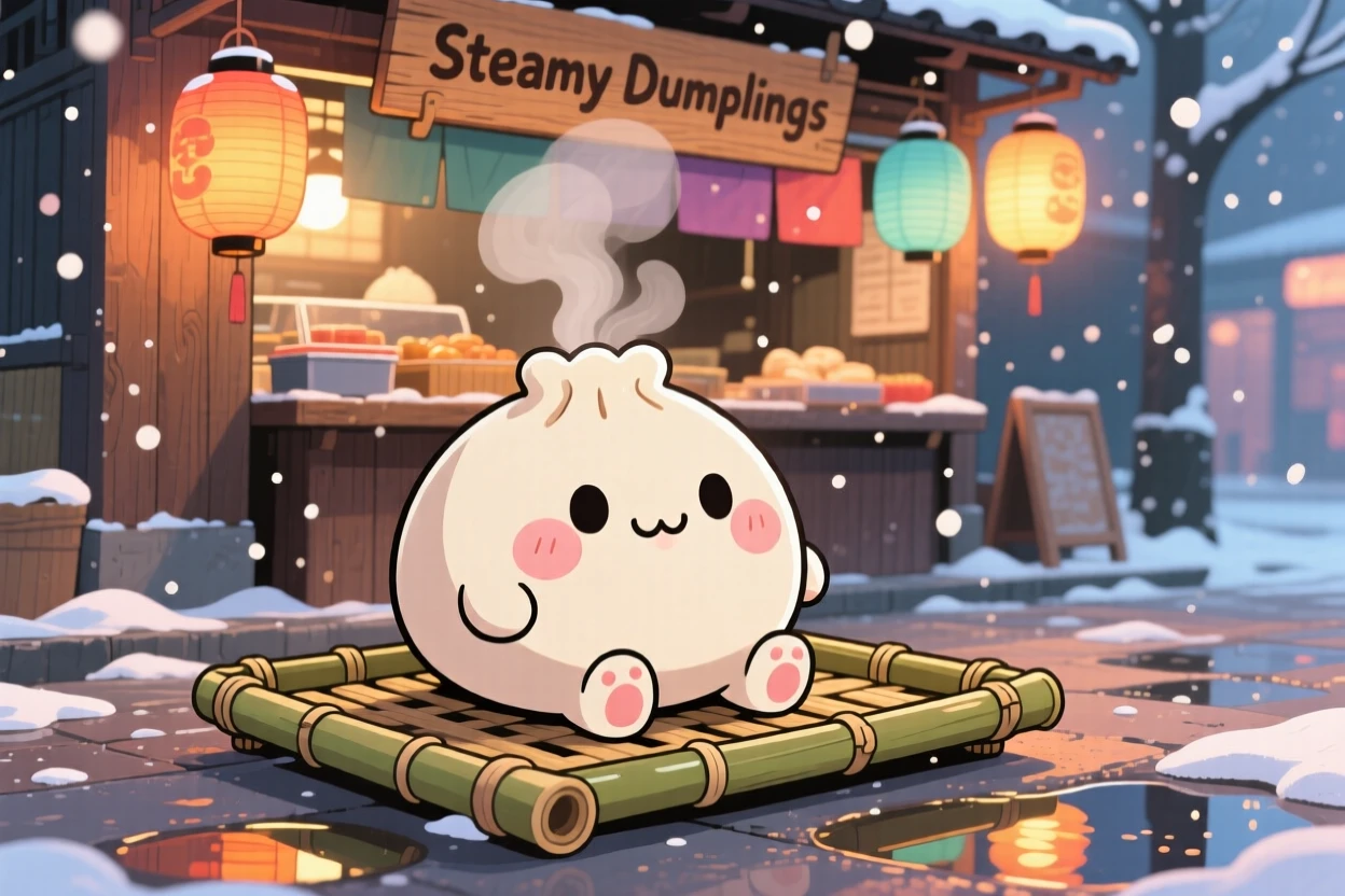 Over-the-shoulder view: a plump dumpling character, steaming happily on a bamboo tray, set against a bustling street food stall amid softly falling snow, with shimmering reflected light off water and a mood of sleepy relaxation.
