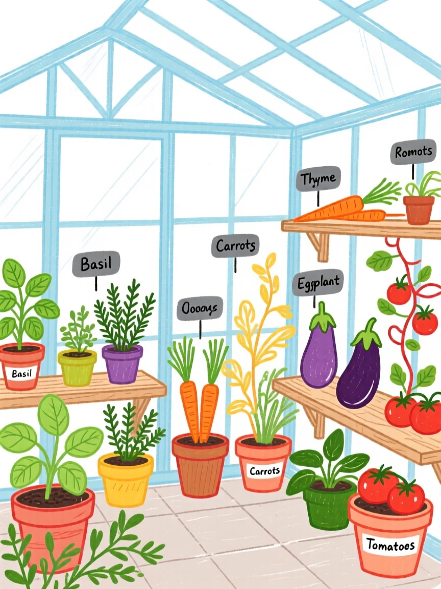 A garden greenhouse filled with potted herbs and vegetables.