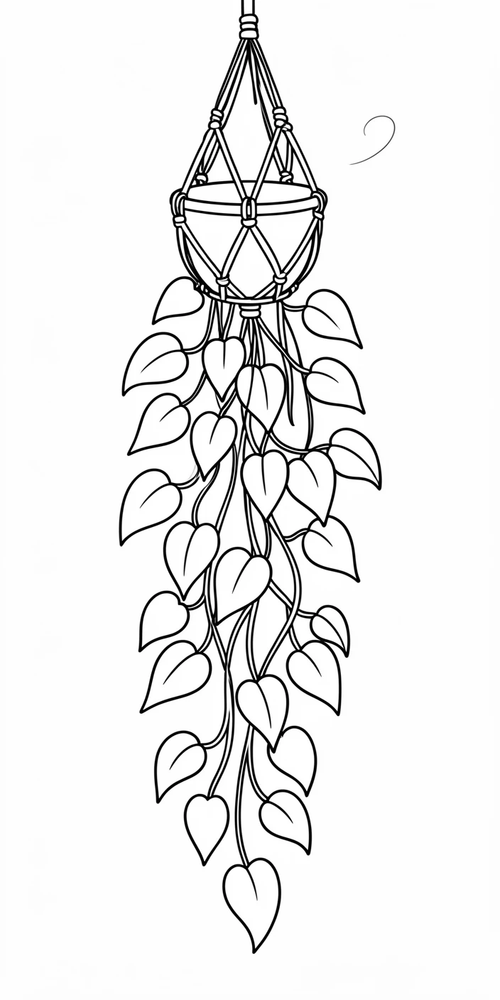 A trailing pothos plant cascading down from a hanging macrame planter