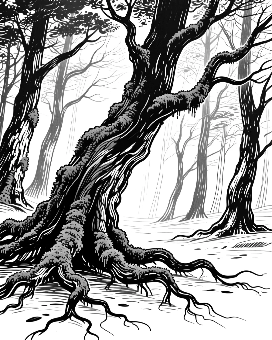 A moss-covered ancient forest with twisted tree roots and dappled light.