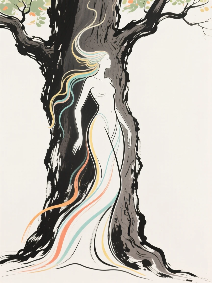 A dryad emerging gracefully from the trunk of an ancient oak tree.