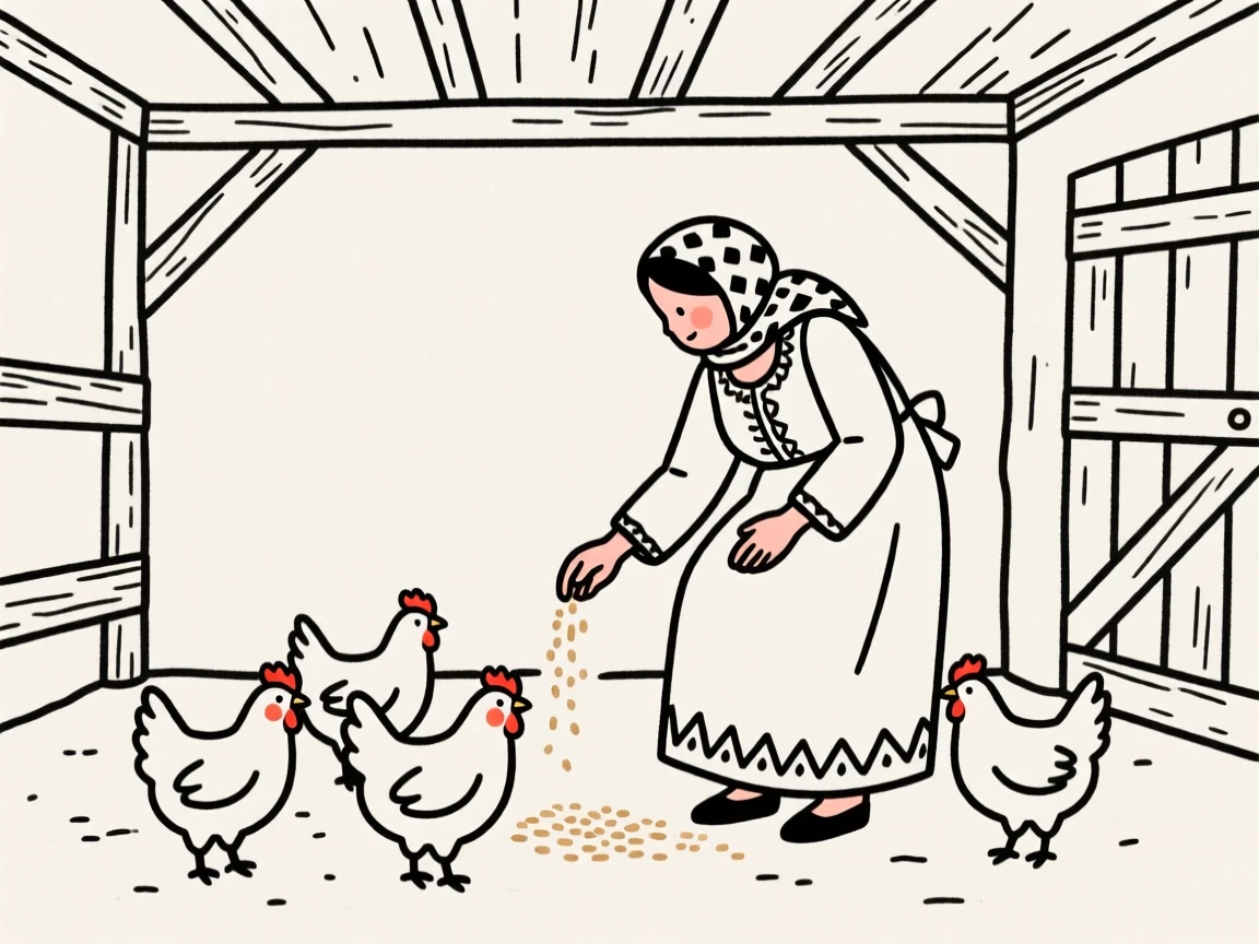 A mother of Moroccan heritage feeding chickens on a small farm, in a rustic barn.