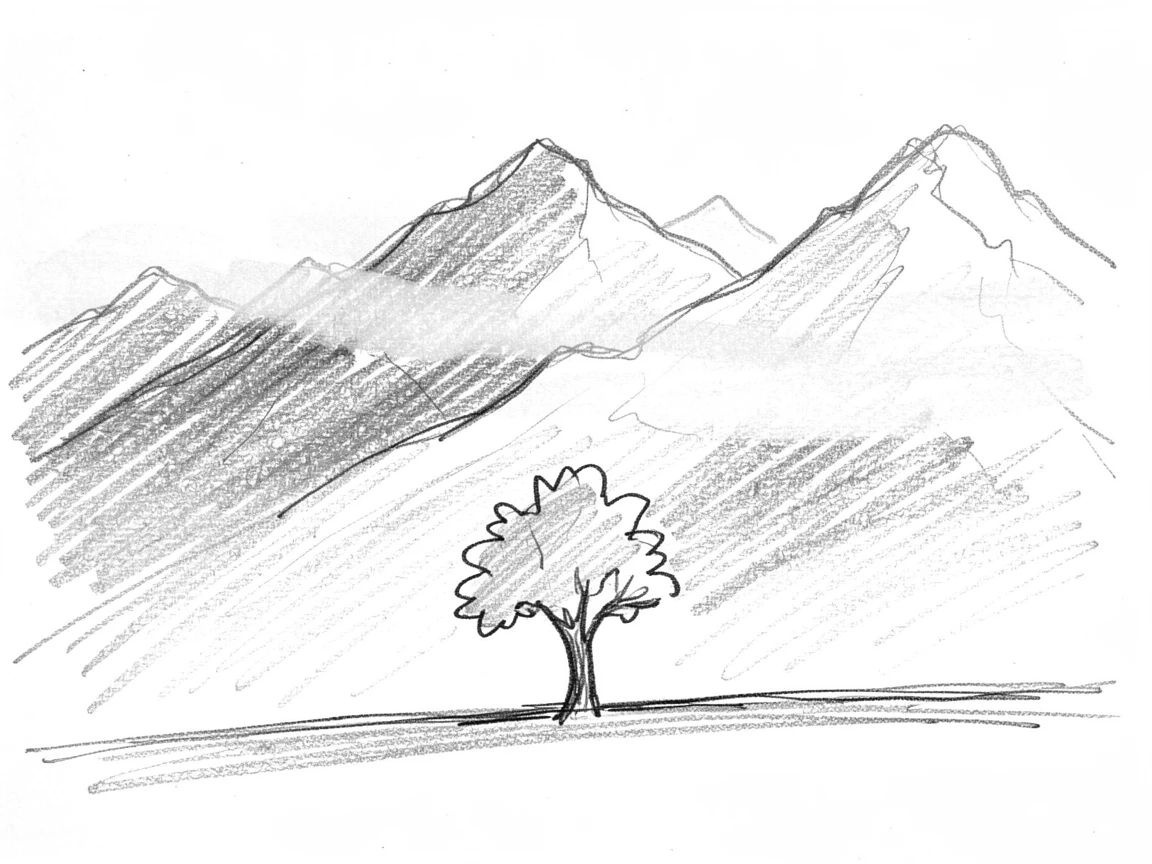A snow-capped mountain range, shrouded in gentle fog, with a lone tree silhouetted on the horizon.