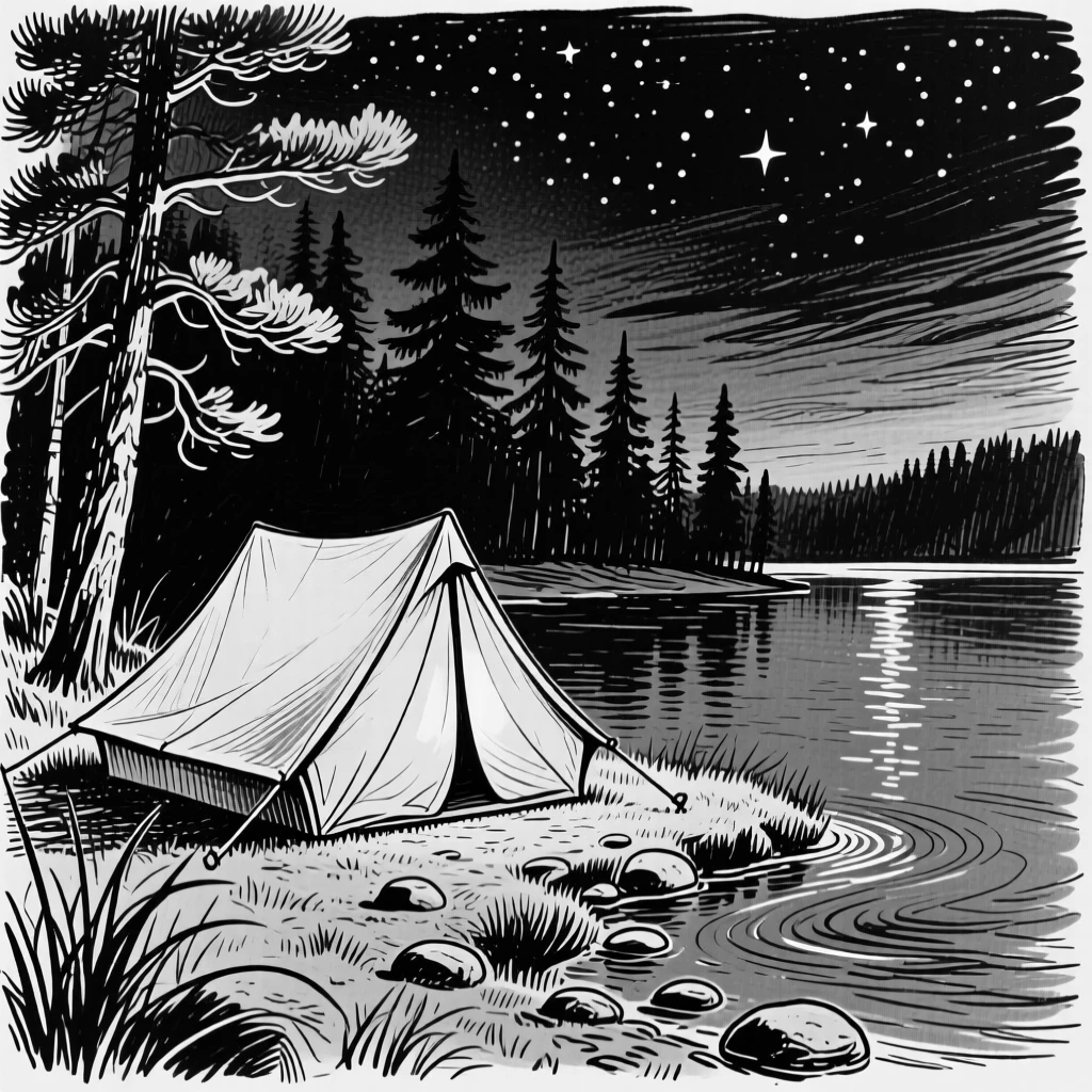 A peaceful lakeside campsite with a small tent glowing under starlight.