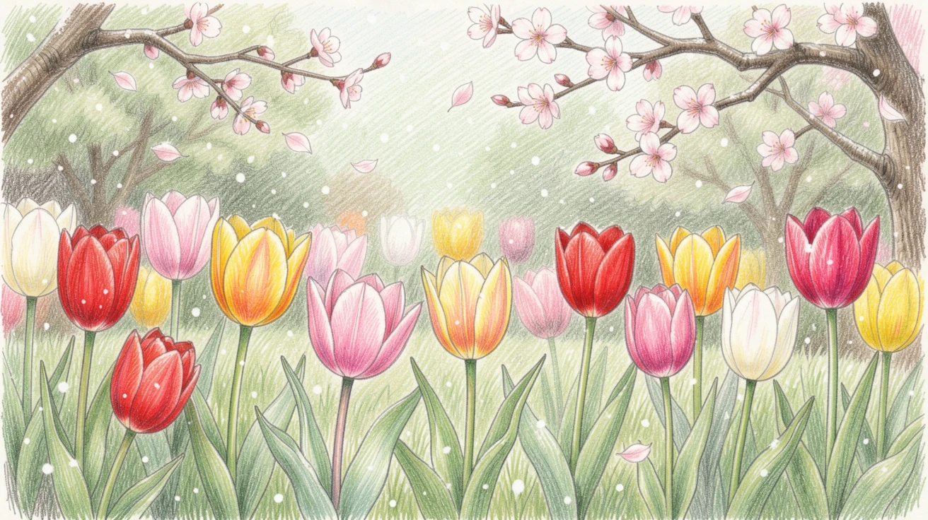 A springtime garden bursting with tulips and cherry blossoms, with gentle snowfall or falling leaves drifting through the scene, evoking treasured family memories and togetherness.