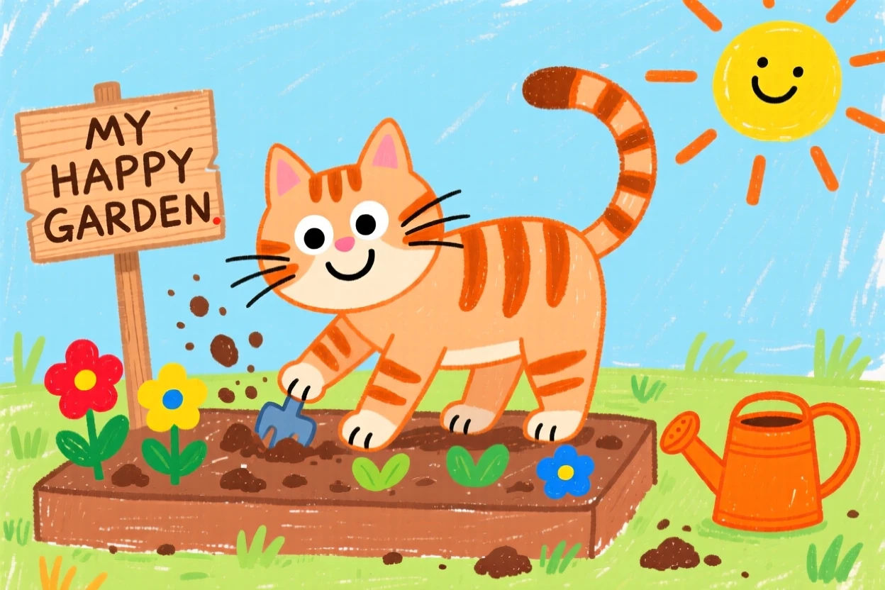 A playful tabby cat digging happily in a garden bed.
