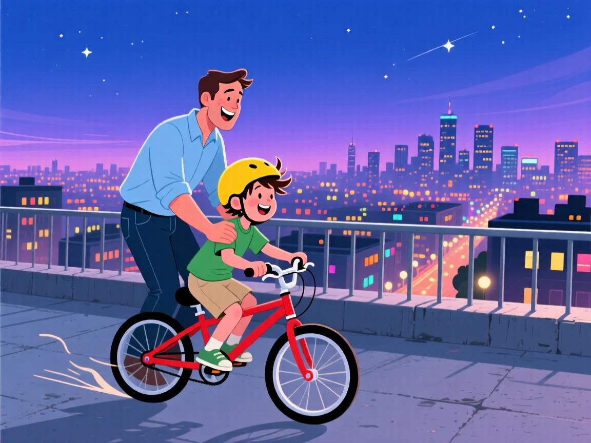 A father teaching his son to ride a bicycle for the first time, on a city rooftop overlooking twinkling lights, shown from a friendly eye-level perspective, with small joyful details like flying hair or bright laughter.