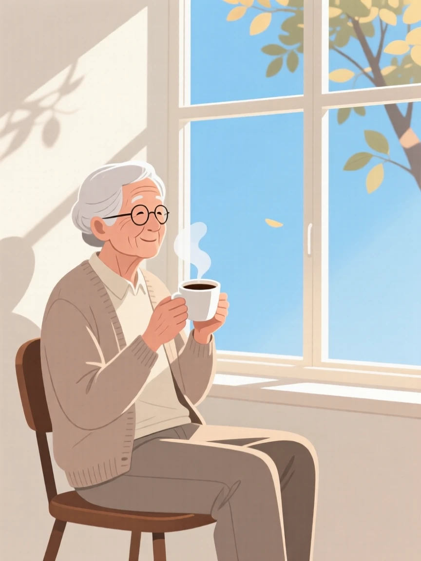 A retired teacher enjoying a quiet cup of coffee by a window on a sunny morning.
