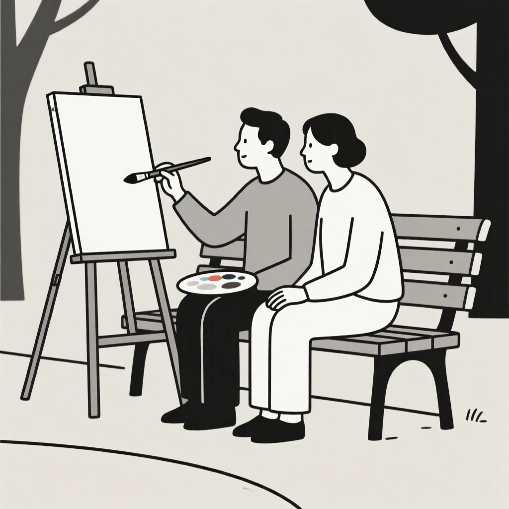 Two poet painting on a canvas together in a quiet park bench, sharing a moment of hopeful anticipation.
