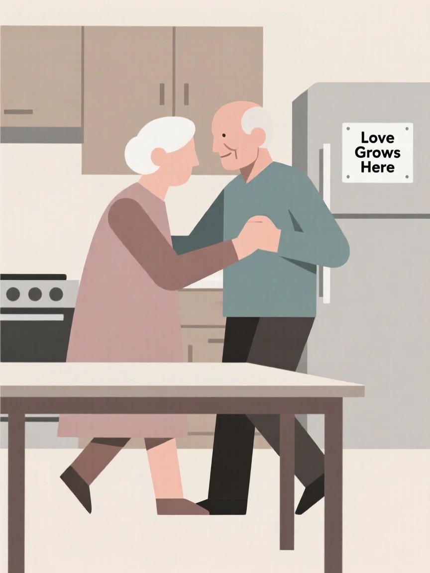 Grandparents dancing together in their kitchen