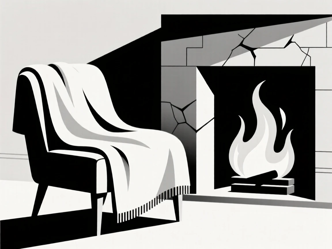 A soft blanket draped over a chair by a fire.