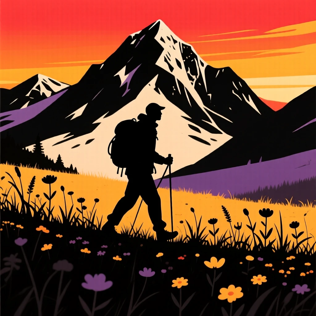 A lone hiker crossing a wildflower meadow toward snow-capped mountains.