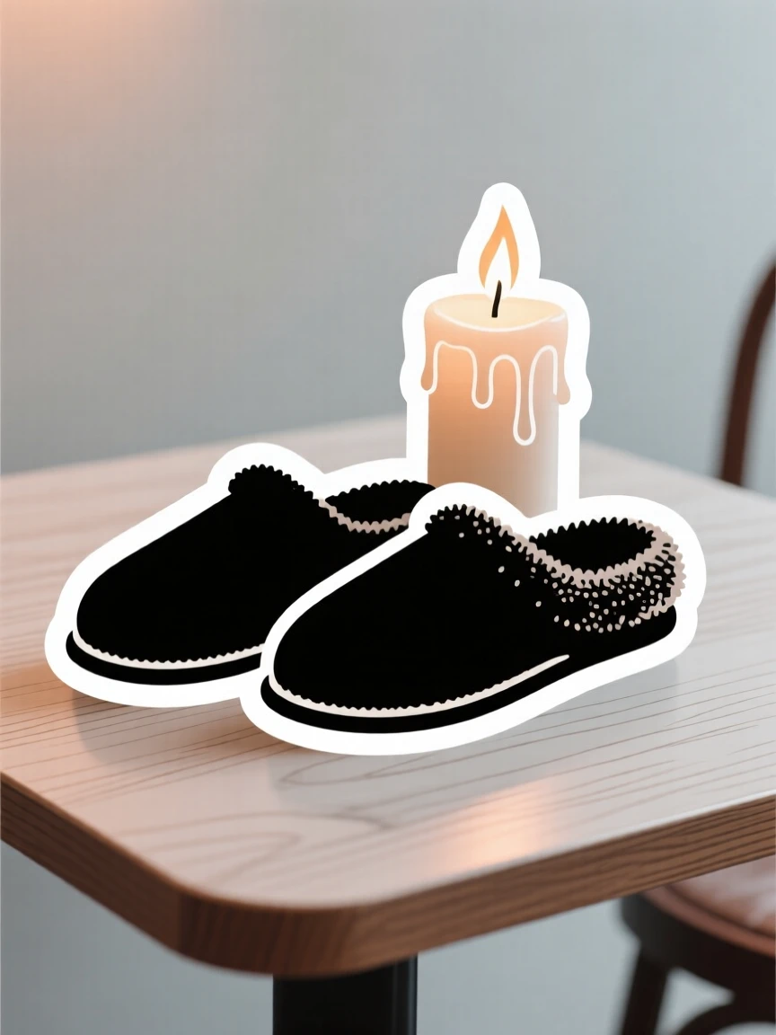A timeless pair of cozy slippers, placed next to a lit candle, on a café table with soft ambient light.