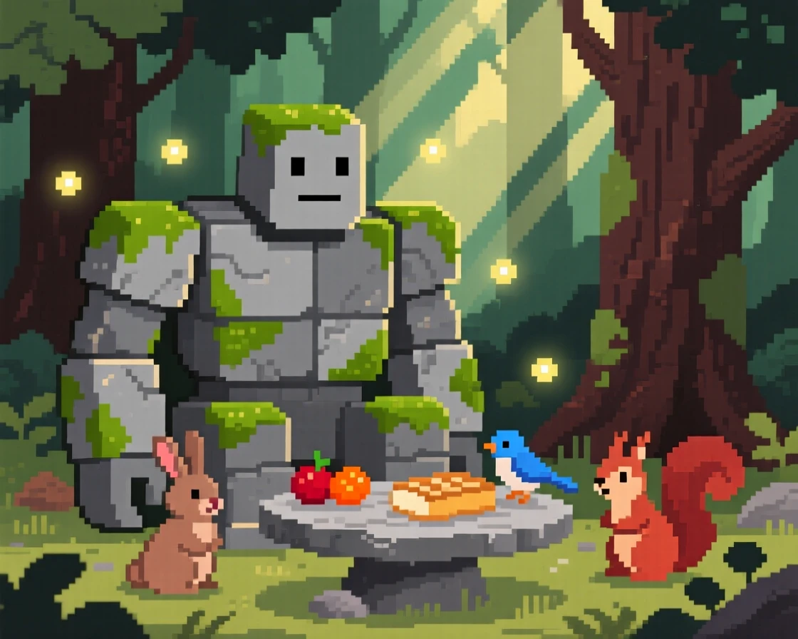 A moss-covered stone golem sharing a meal with woodland creatures, in an ancient enchanted forest.
