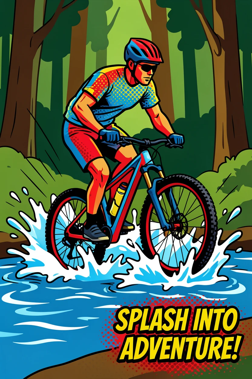 A mountain biker splashing through a shallow forest stream