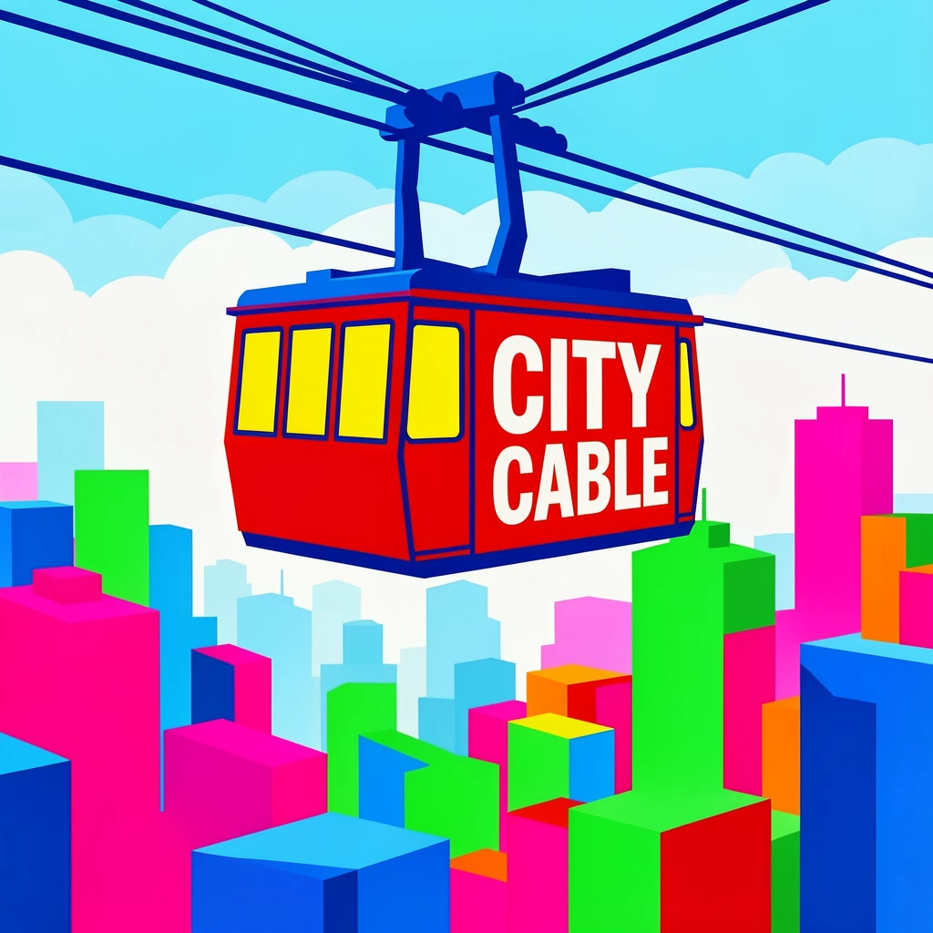 Cable car climbing above a foggy city