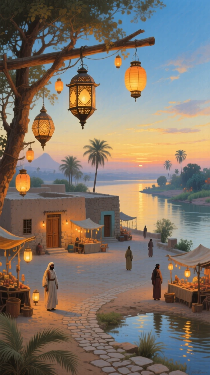 A broad landscape view of a village square decorated with lanterns for an evening festival, along the Nile in Egypt, at dusk.