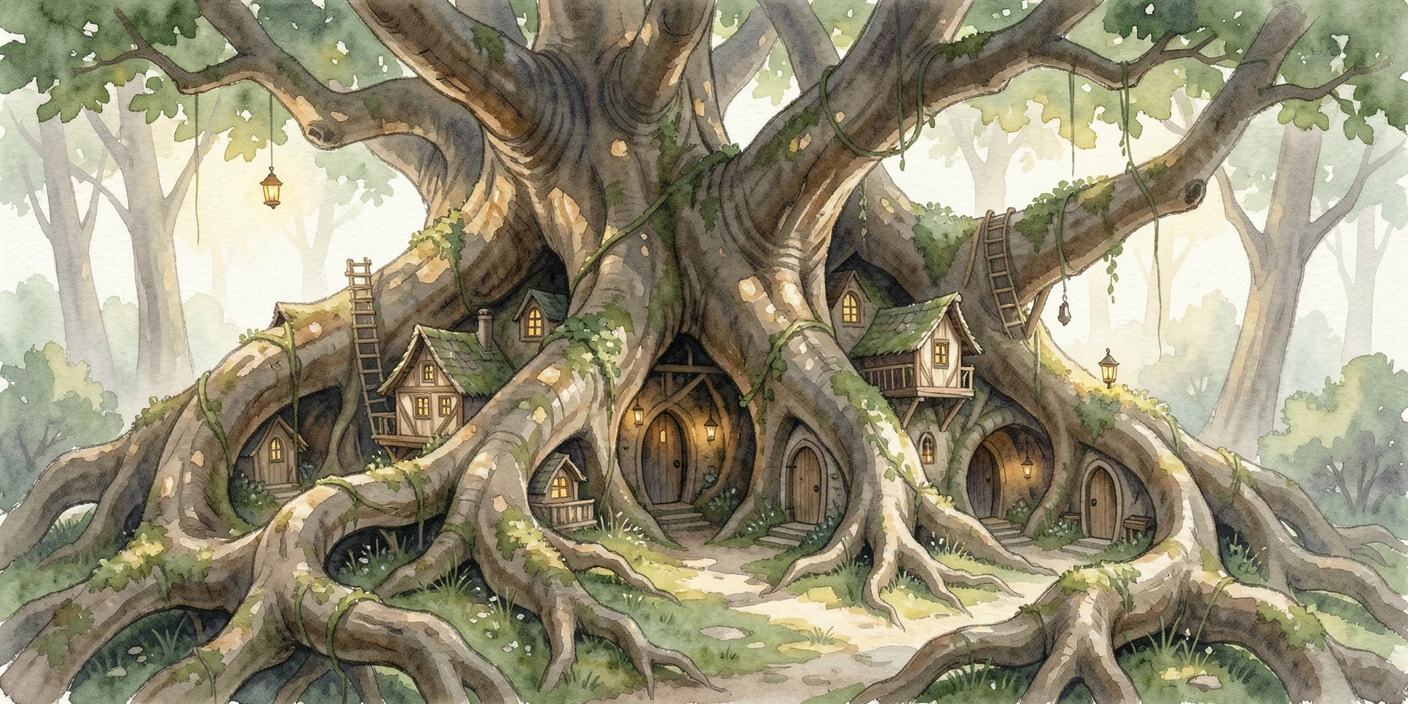 A fairy village built inside giant tree roots.