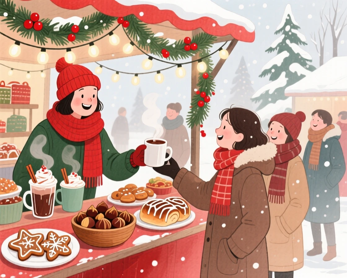 A joyful scene of a winter holiday market, filled with festive food and warm drinks, capturing the warmth of the celebration
