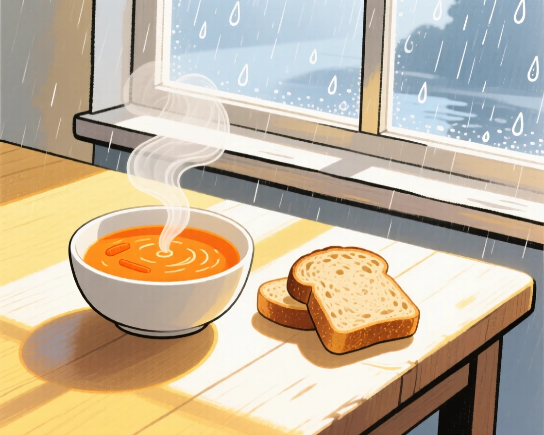 A bowl of hot soup with crusty bread on a rainy day, arranged invitingly on a sunny table.