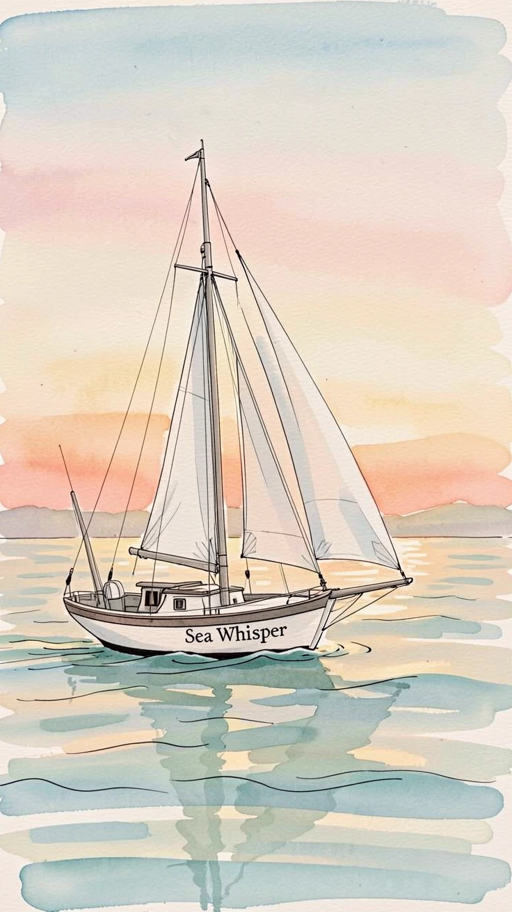 A small sailboat cutting through calm waters toward a glowing horizon at dawn