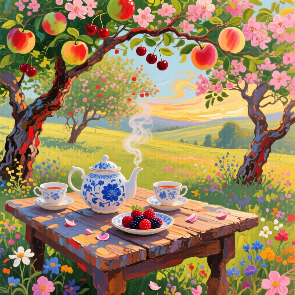 a tea table beneath blooming fruit trees, at the height of summer, with layered visual detail from foreground to horizon.