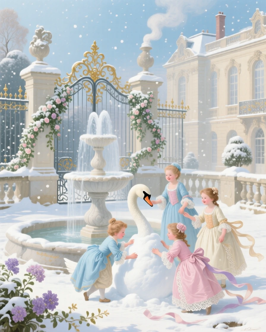 A winter palace courtyard where children build a snow swan beside a fountain  