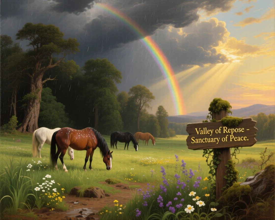 Horses graze peacefully in a meadow beneath a rainbow after a storm.