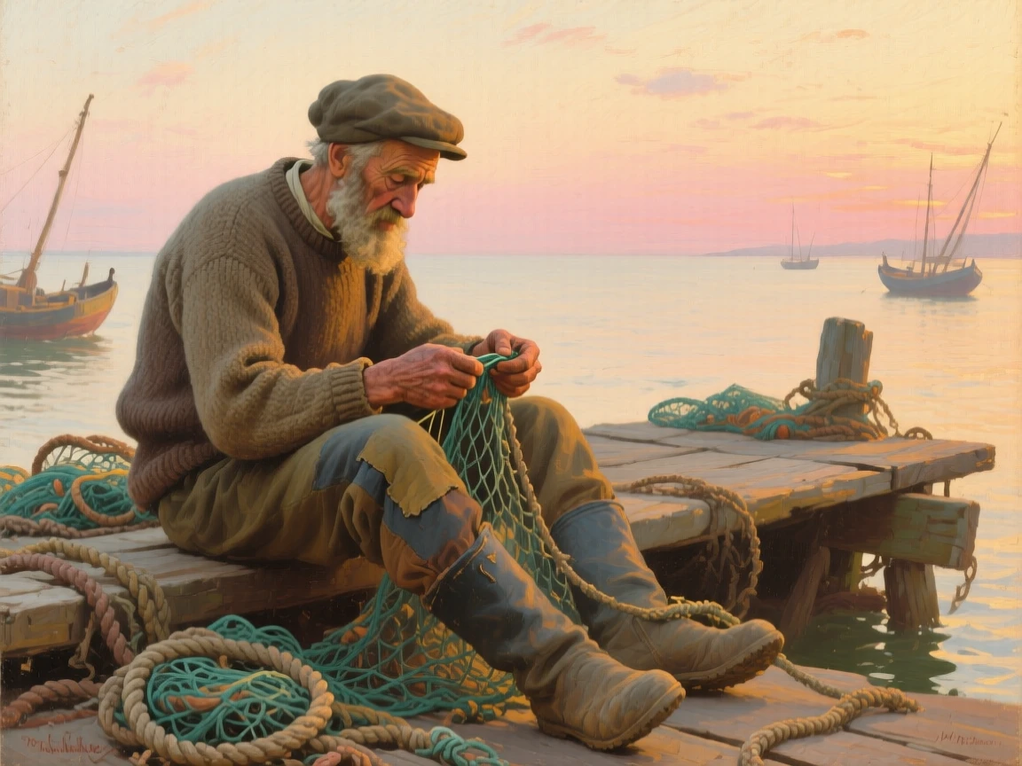 An elderly fisherman with a weathered face and kind eyes mending his nets at dawn, every wrinkle and expression telling a story of a life fully lived, evoking warmth, empathy, and genuine connection