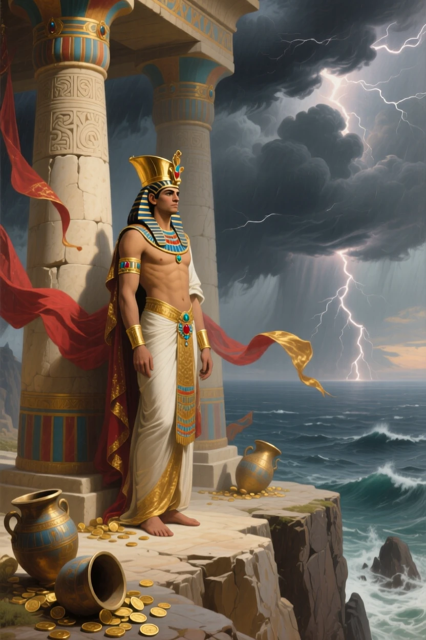 The Egyptian pharaoh being crowned beneath towering stone pillars as thunder rolls across a darkening sky, set atop a cliff overlooking a stormy sea, amid overturned urns, scattered coins, and trailing silken banners; a low vantage point emphasizes the towering scale of the moment, capturing the timeless clash of glory and mortality.