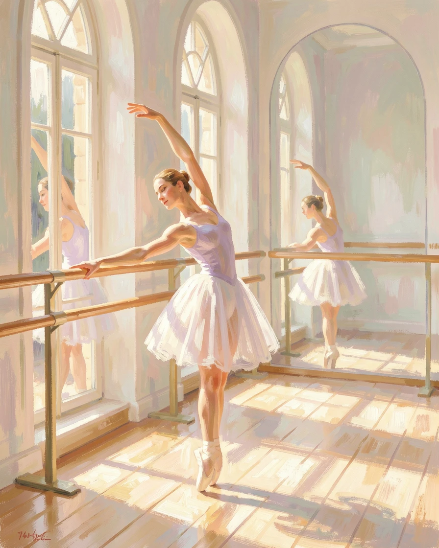 A dancer stretching at a ballet barre in a sunlit studio, her reflection doubled in tall mirrors.