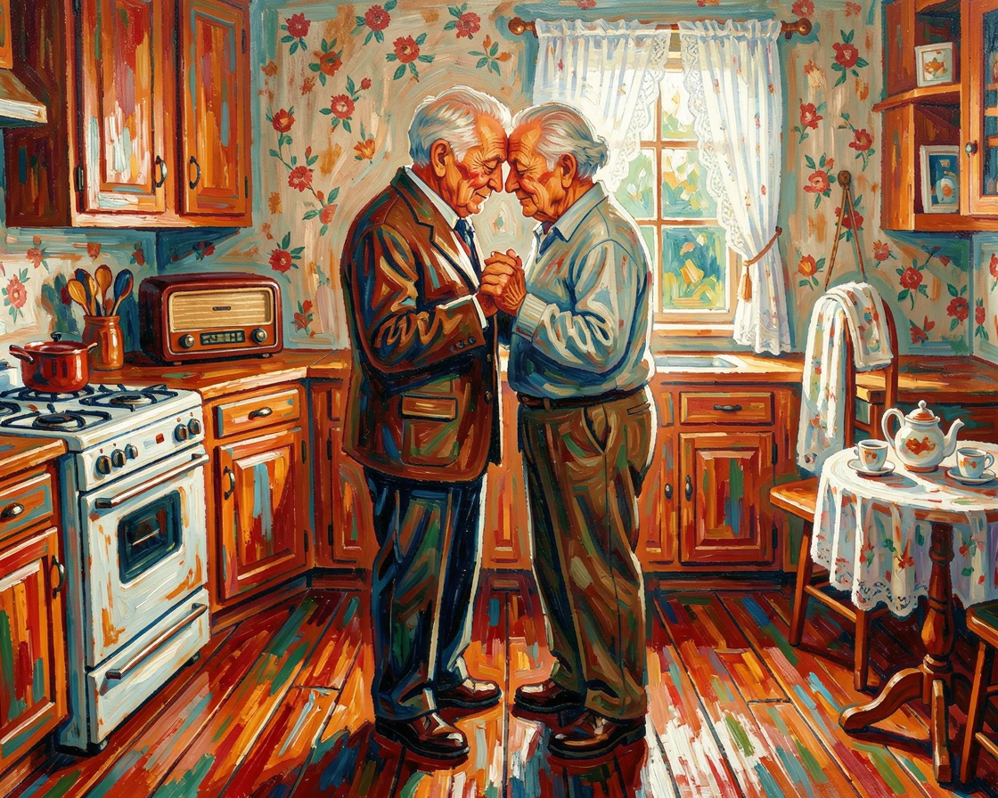 An elderly couple dancing slowly in their kitchen, foreheads touching, eyes closed.
