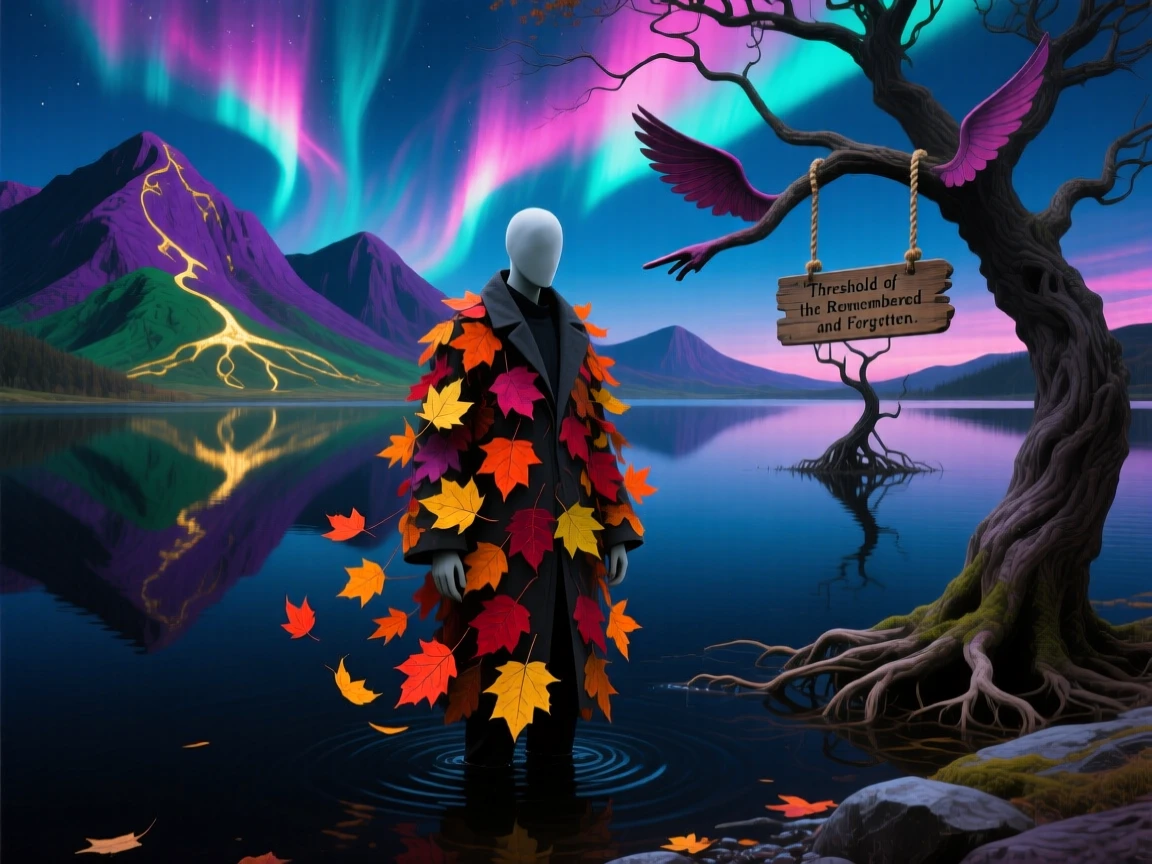 A faceless traveler wrapped in a coat of falling leaves waits patiently at the edge of a still, dark lake, while distant mountains bow slightly in their direction.