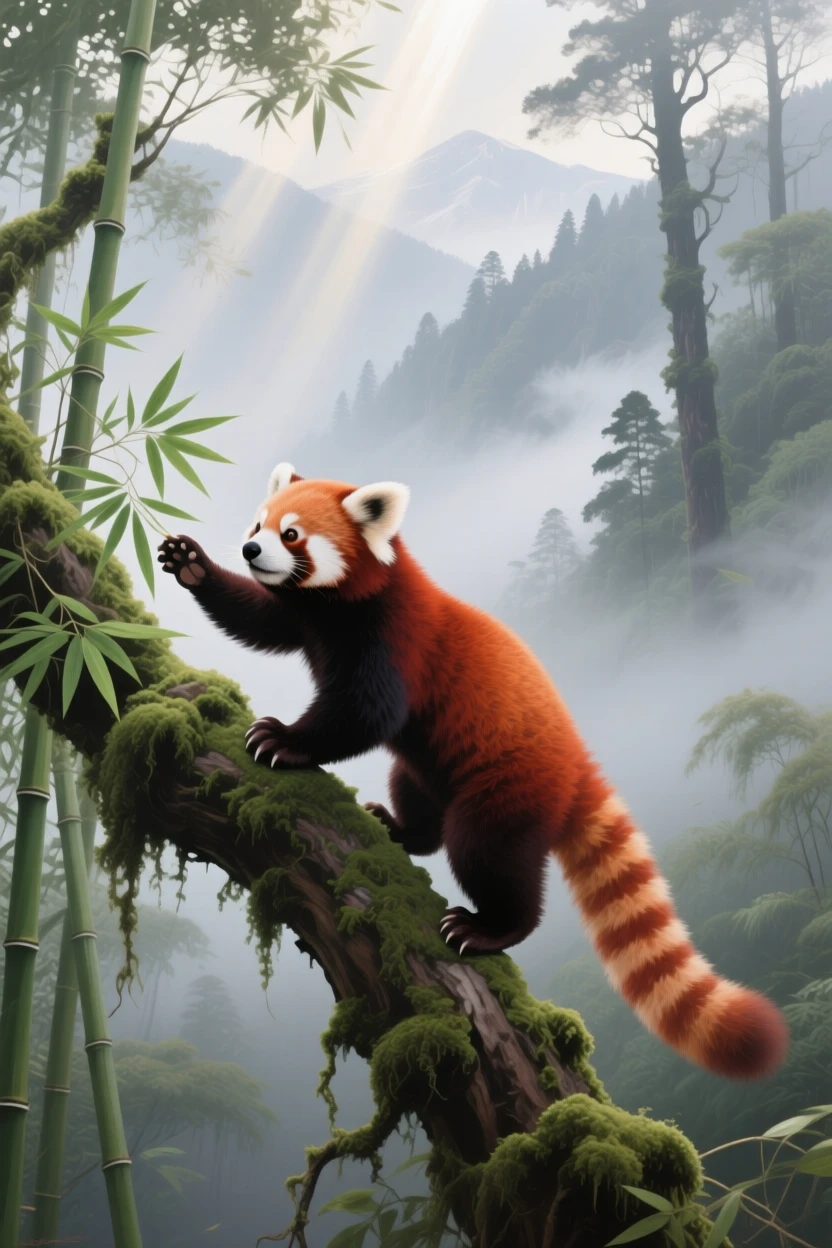 A red panda climbs carefully along a moss-covered branch in a misty Himalayan forest, its bushy striped tail balancing behind as it reaches for bamboo leaves, the scene suggesting a fleeting, candid moment rather than a posed encounter.