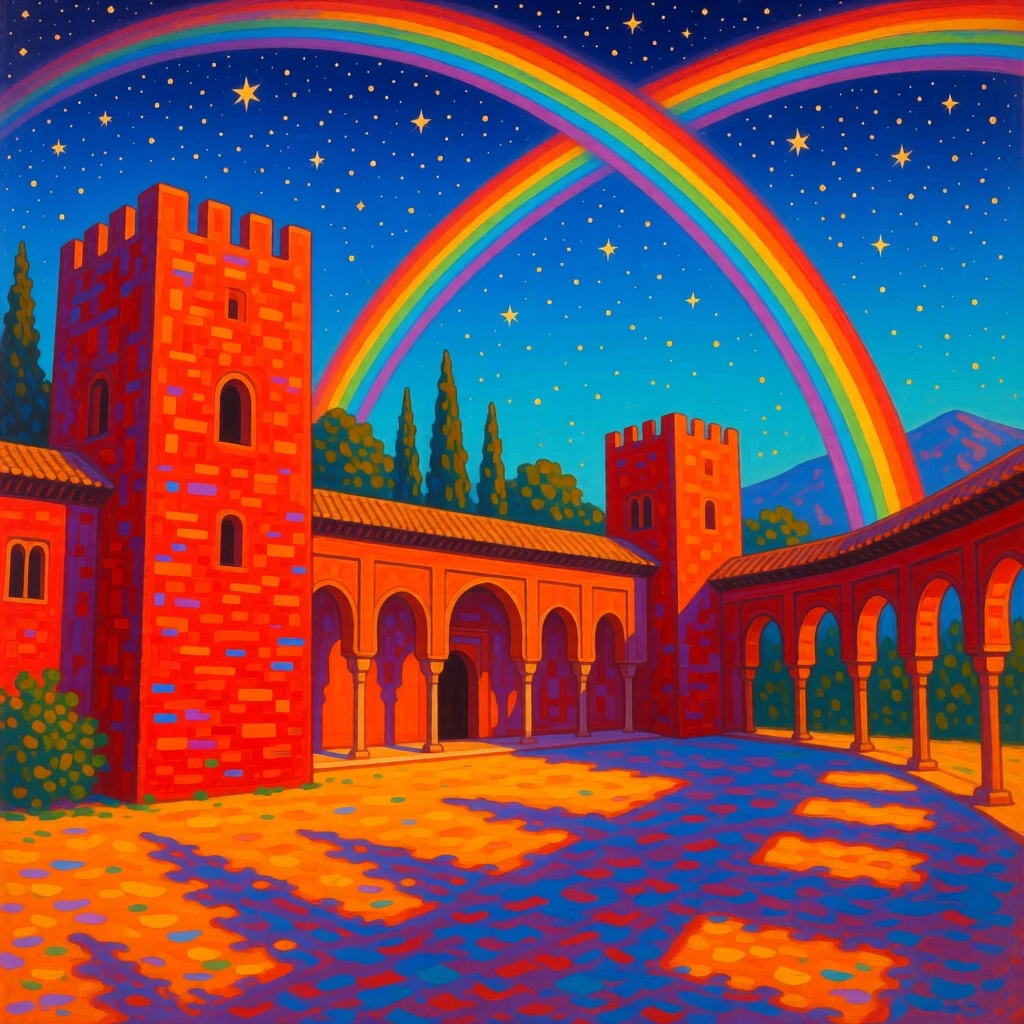 The Alhambra's red walls glowing beneath a starlit sky, under a rare double rainbow, long shadows stretching across the ground