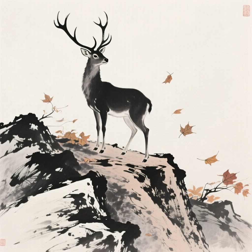 A stag with tall antlers stands alert on a rocky slope, as autumn leaves fall gently around them.