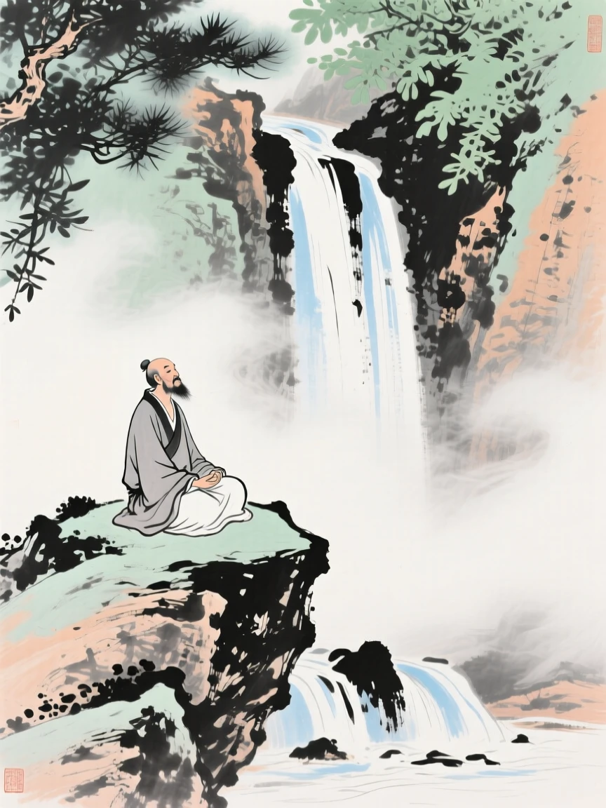 A hermit meditating quietly beside a mountain waterfall, through swirling morning fog, in the height of summer.