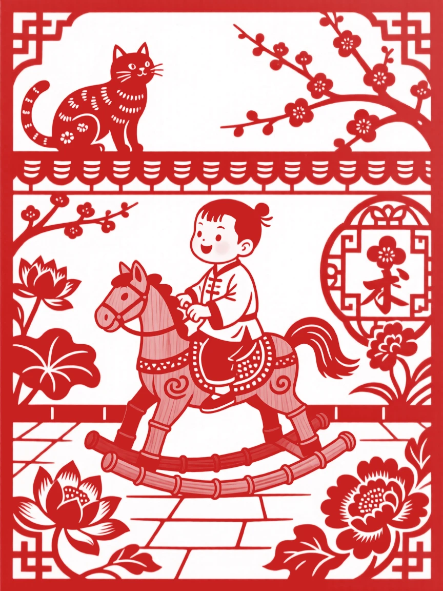 A small boy with a wooden toy, riding a bamboo hobby horse around the yard, a cat watching curiously from a garden wall.