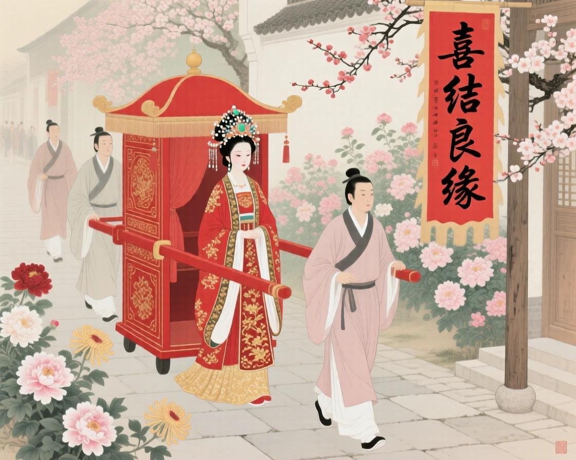 A bride being carried in a red palanquin through a flower-lined street